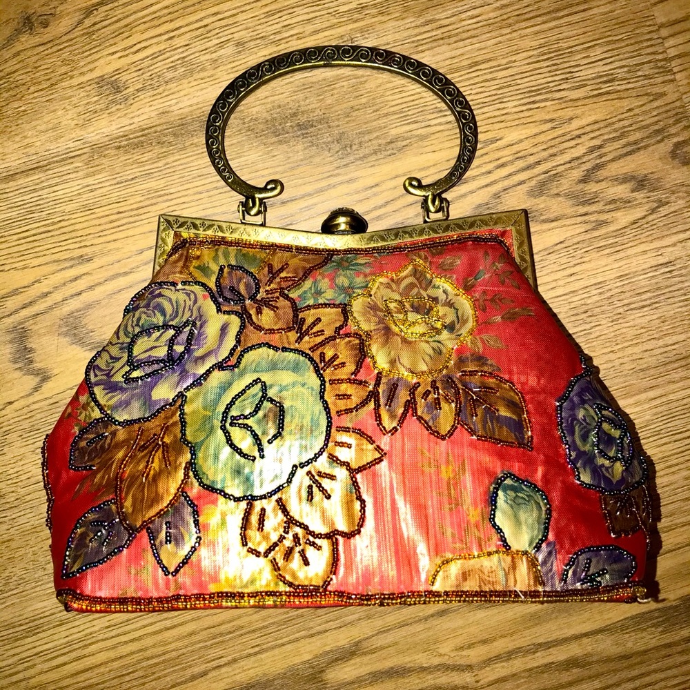 Gorgeous Vintage Evening Clutch Bag With Metal Strap Colorful Showstopping Boho - Picture 4 of 8